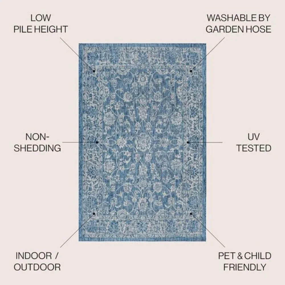 New 8x10 Boho Navy Gray Rug Indoor Outdoor Non-Slip Area Carpet for Home & Patio